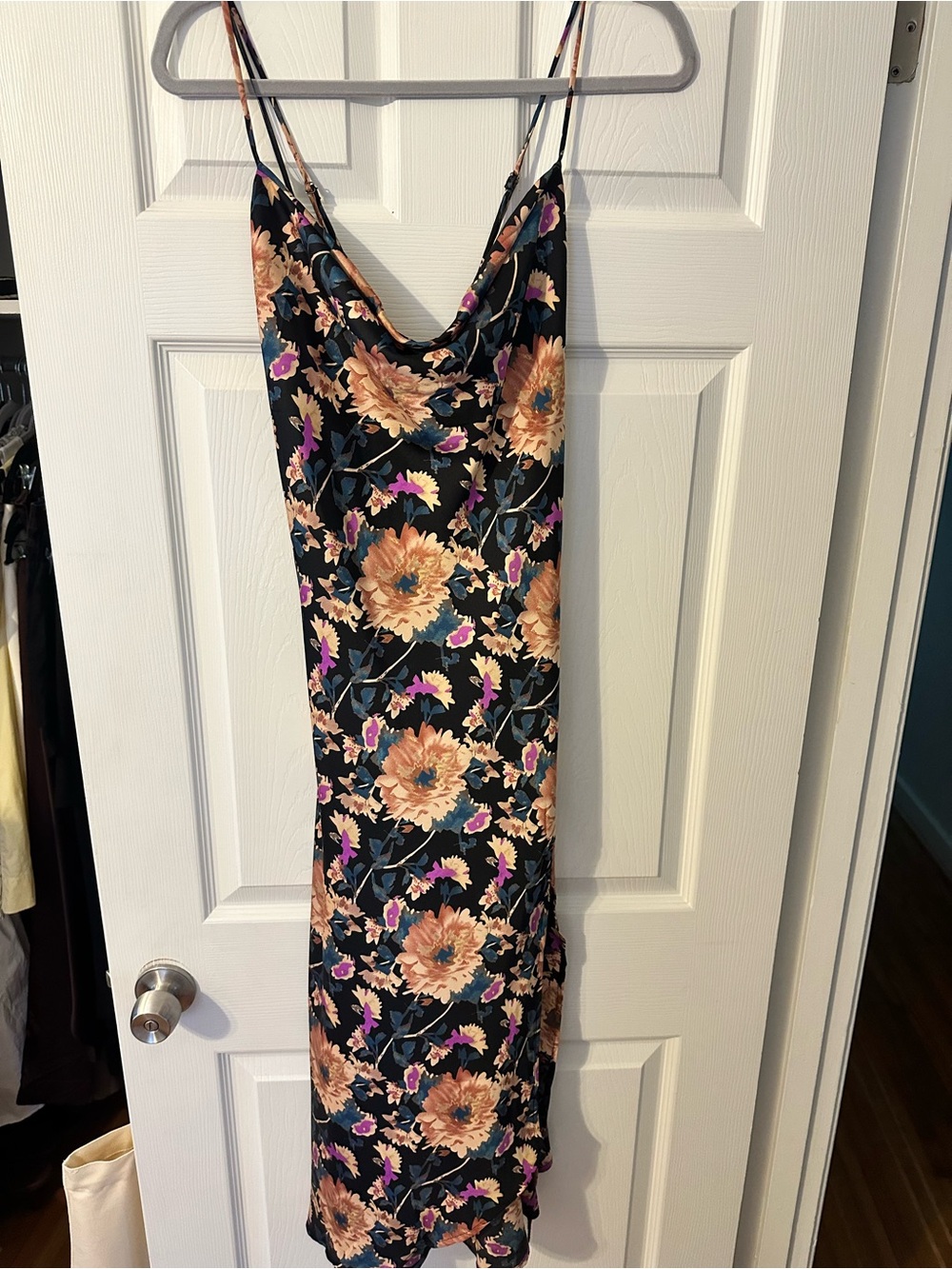 Astr Floral Cowl Slip Midi Dress in Black and Peach